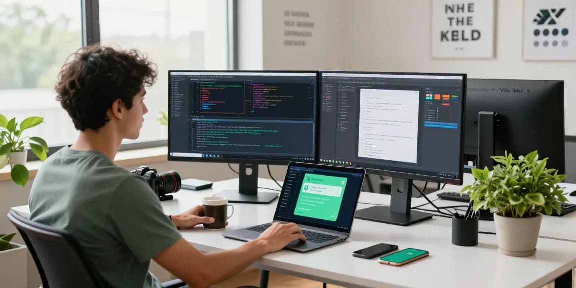 Workspace with a developer coding and WhatsApp下載 notifications on smartphone