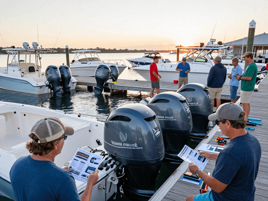Group of boaters at an outboard motor dealer USA discussing Yamaha engines at a marina