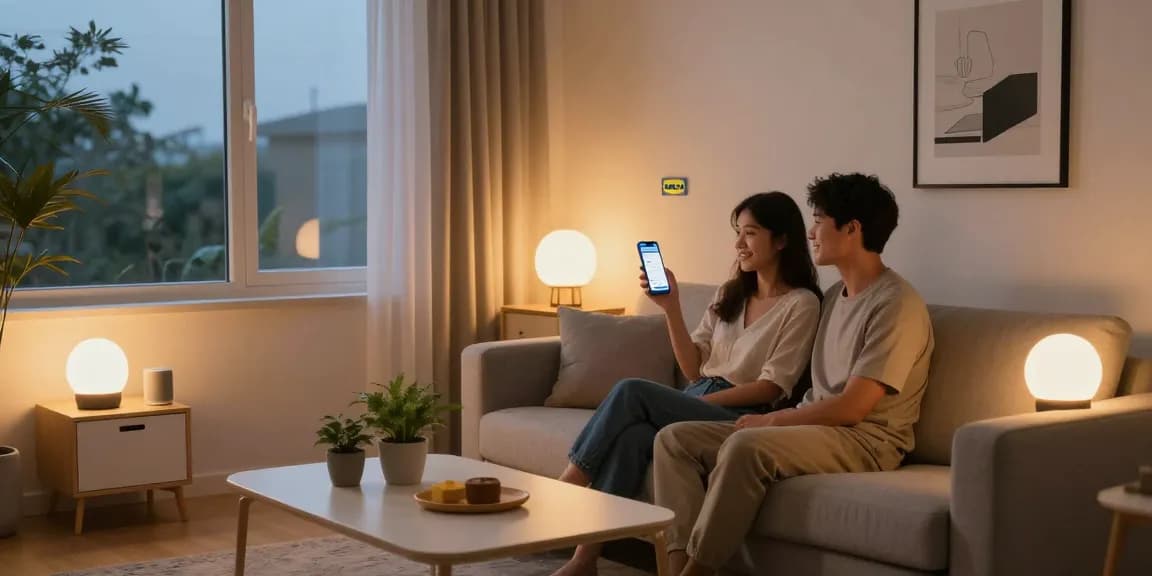 IKEA smart home setup with a couple enjoying smart lights and cozy ambiance in a modern living room.