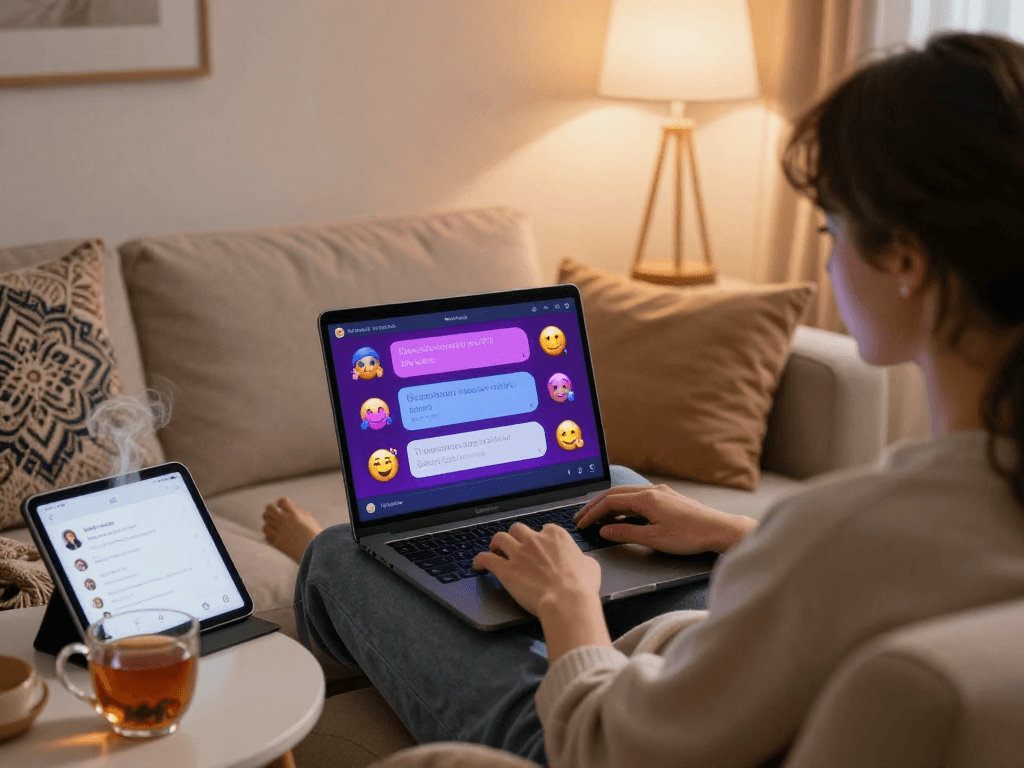 Engaging in an AI porn chat on a laptop in a cozy setting