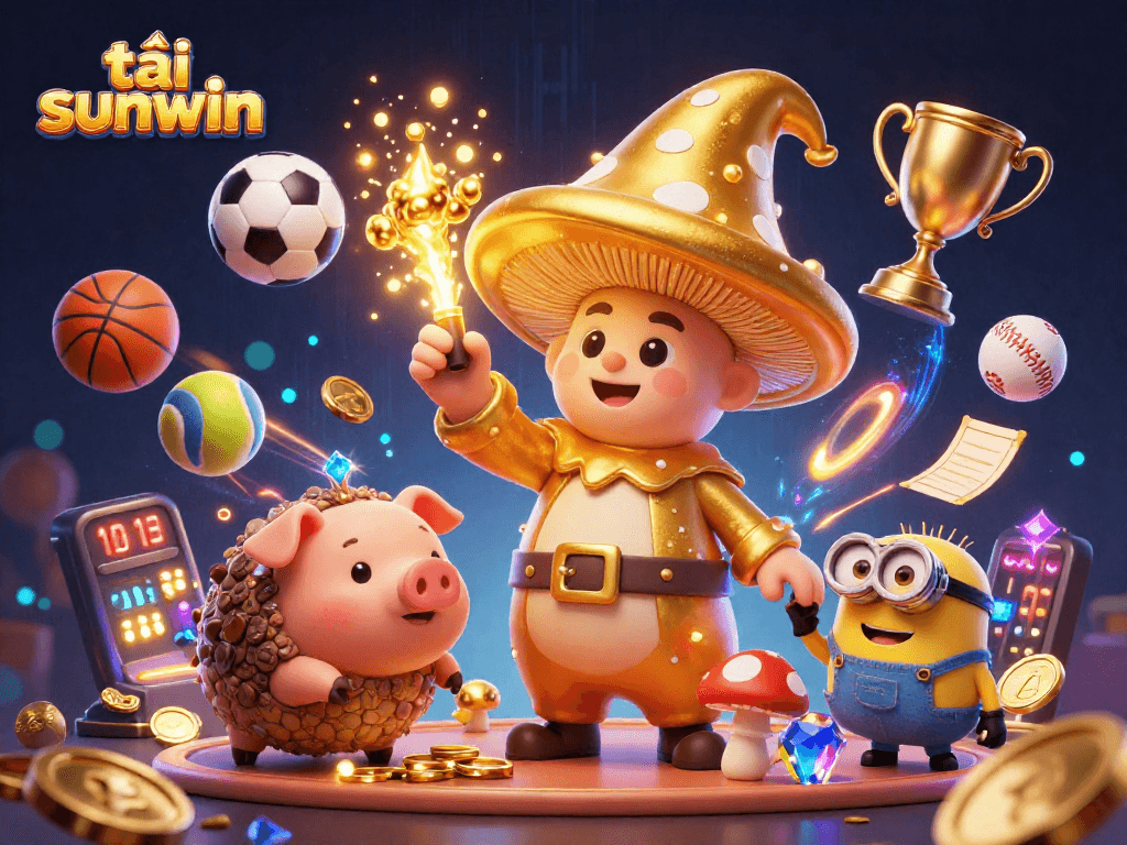 Experience the magic of tải sunwin with a golden wizard and treasure in a vibrant casino scene.