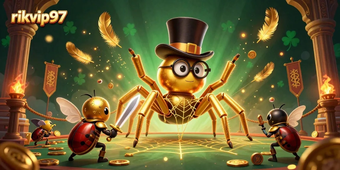 The vibrant scene of rikvip97 featuring a golden tarantula and brave beetle knight in a gambling arena.