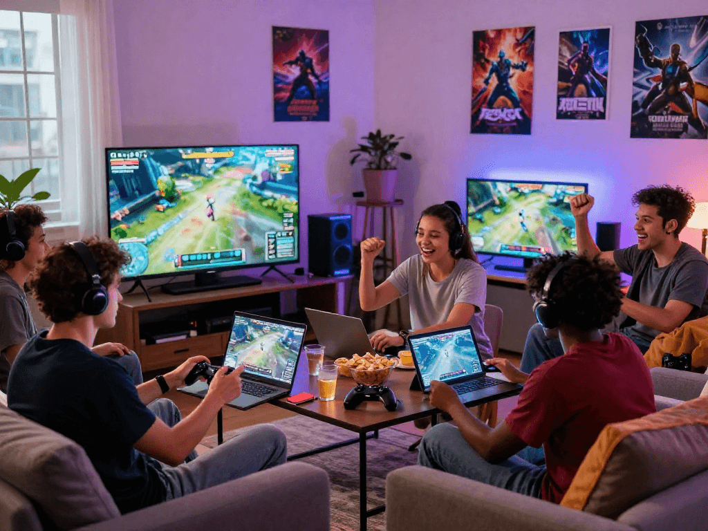 Group playing an interactive adult game in a cozy living room with ambient lighting.