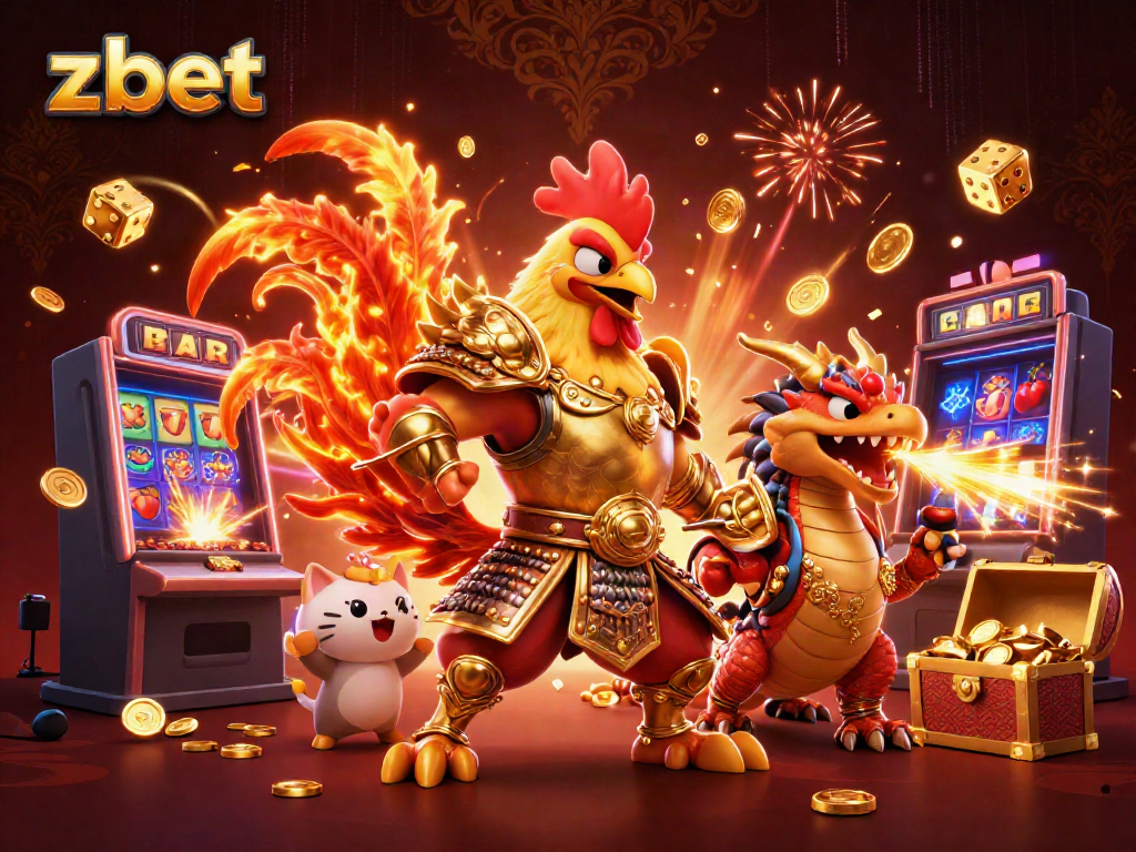 Win big with zbet in this vibrant 3D casino scene featuring dynamic game elements and powerful characters.