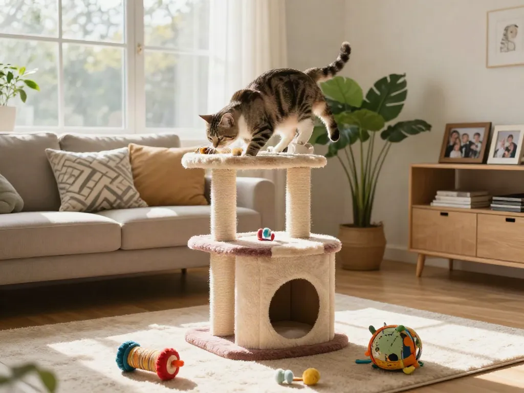 A playful cat climbing a stylish cat tower in a sunlit living room, surrounded by toys and a homely atmosphere.
