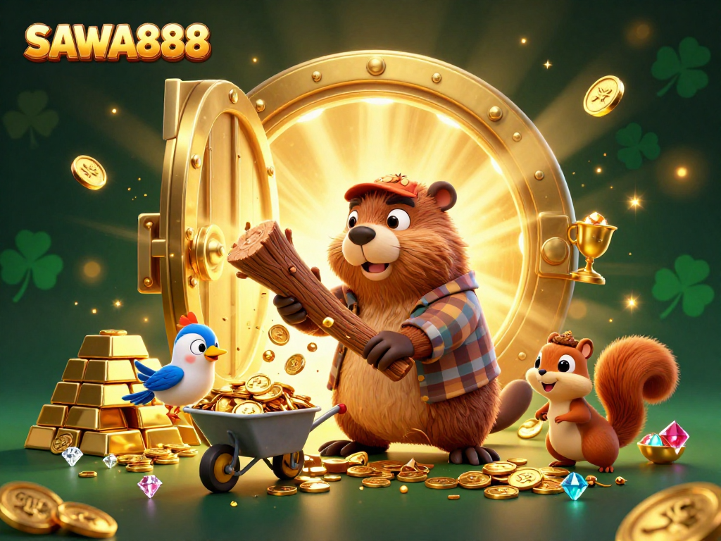 Experience the excitement with SAWA888 as a beaver collects golden coins, creating a vibrant gambling scene.