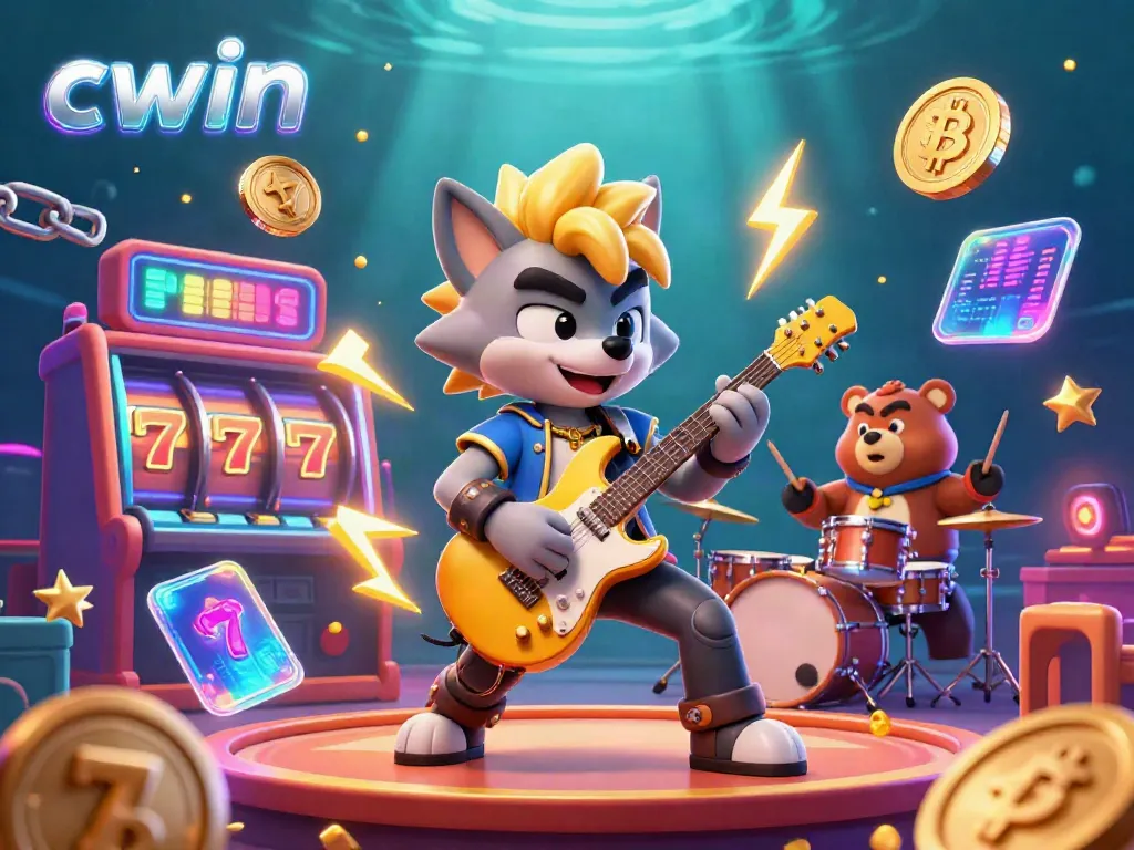 Engage with CWIN's exciting casino experience featuring a rockstar wolf, drummer bear, and vibrant gaming elements.