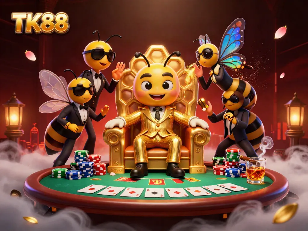 Join the thrill at TK88 casino where a bumblebee mob boss oversees a high-stakes poker scene.
