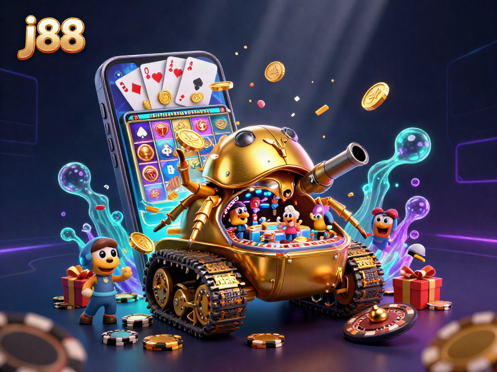 Spin to win at j88 with a dynamic casino scene featuring a golden beetle tank!