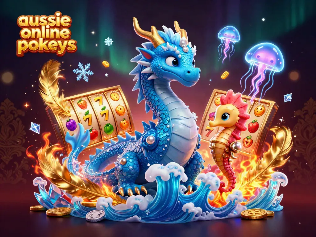 Exciting scene of aussie online pokies with a water dragon, seahorse knight, and neon jellyfish.