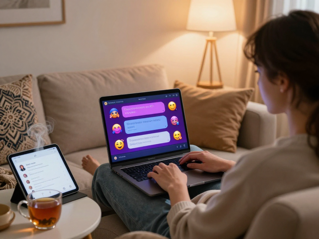Engaging in an AI porn chat on a laptop in a cozy setting