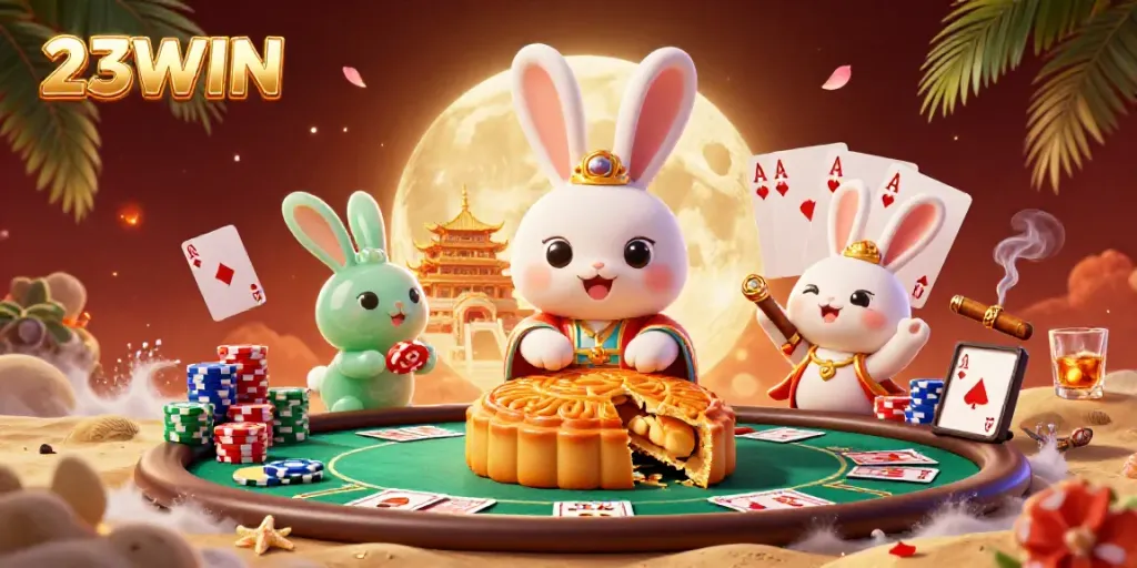 Experience the excitement of 23WIN with gambling-themed moon rabbits and poker chips.