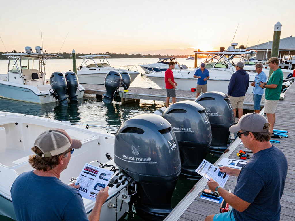 Group of boaters at an outboard motor dealer USA discussing Yamaha engines at a marina