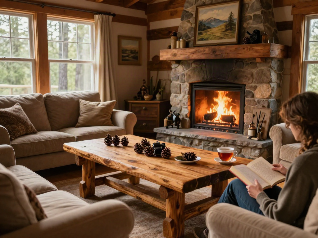 Cozy cabin living room showcasing a log table centerpiece, perfect for tabletoplog.org.