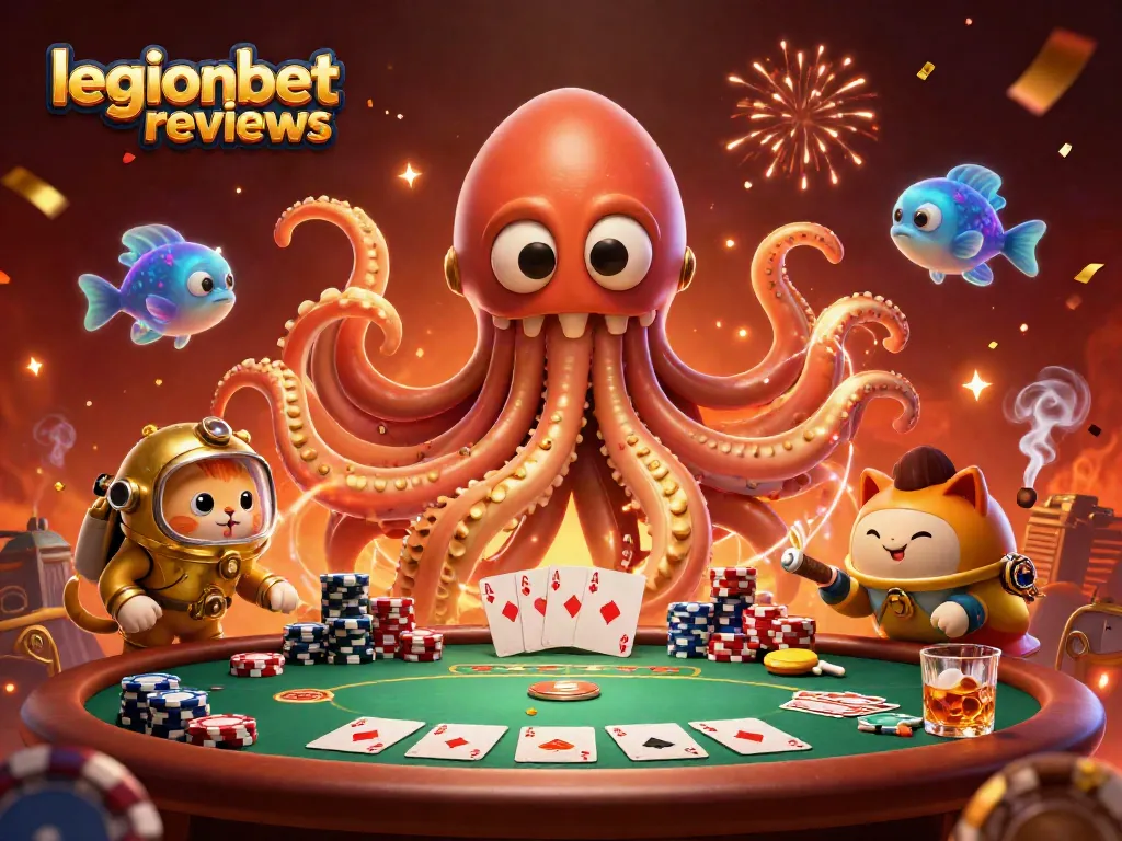 Experience thrilling gameplay in legionbet reviews, featuring vibrant poker action with an energetic kraken scene.