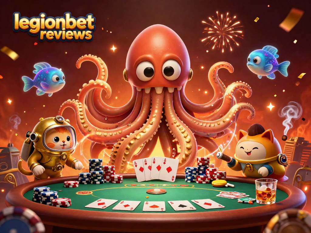 Experience thrilling gameplay in legionbet reviews, featuring vibrant poker action with an energetic kraken scene.
