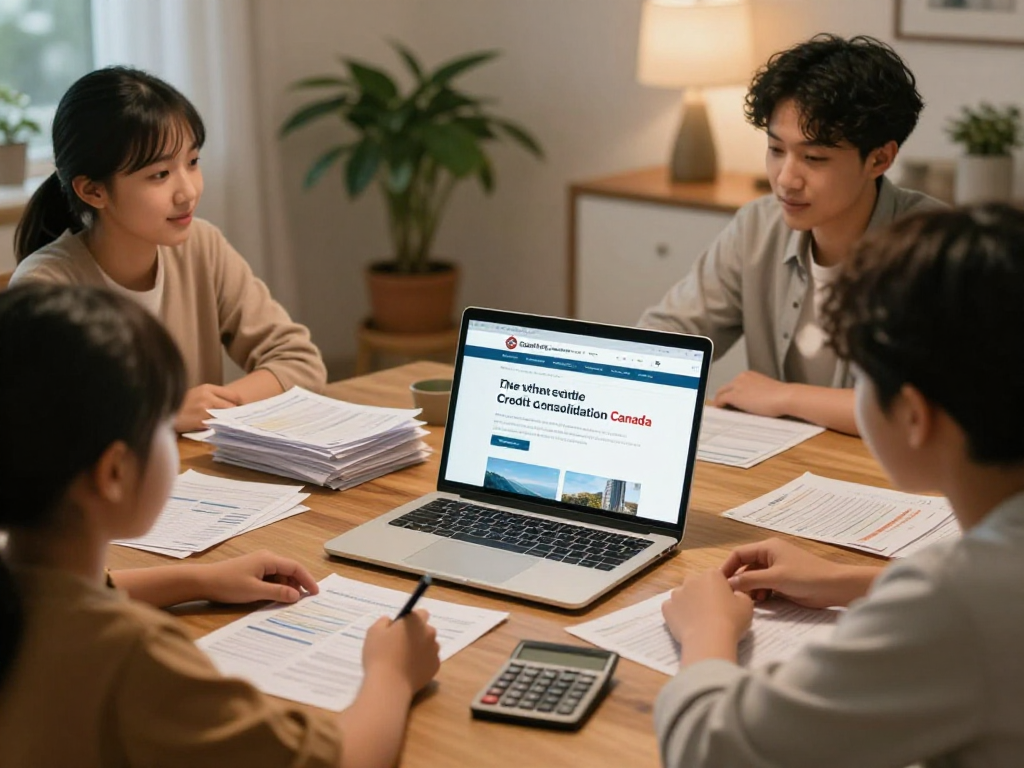 Family discussing finances around a table, showcasing the Credit Consolidation Canada services.