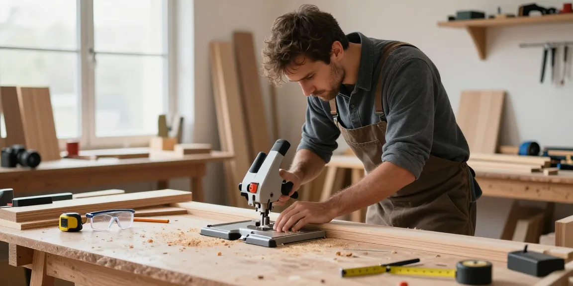 Craftsman using a hand mitre saw in a well-lit workshop, surrounded by tools and wood.