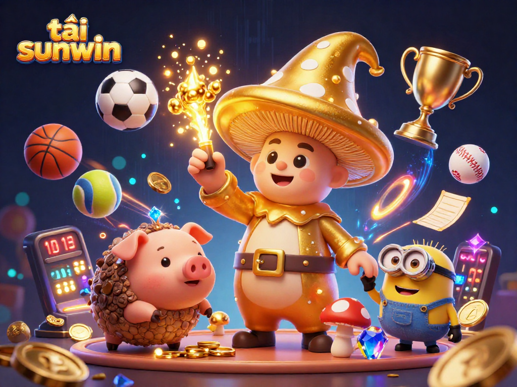 Experience the magic of tải sunwin with a golden wizard and treasure in a vibrant casino scene.