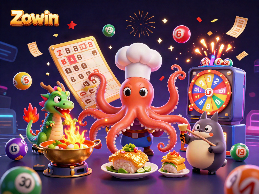Experience the excitement with Zowin's interactive lottery scene featuring colorful elements and dynamic characters.