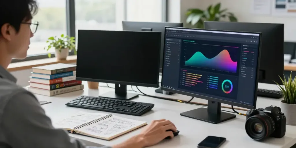 Marketer analyzing instant indexing strategies with multiple screens and notes in a modern office.