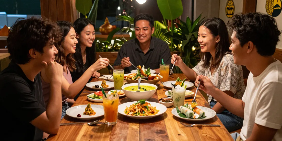 Kinalyrestaurant.com dining experience showcasing friends enjoying Thai cuisine in an inviting atmosphere.