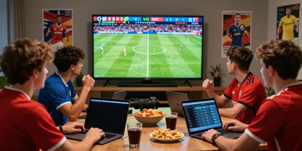 Fans enjoying Taruhan Bola DewaGG in a lively sports bar during a live football match.