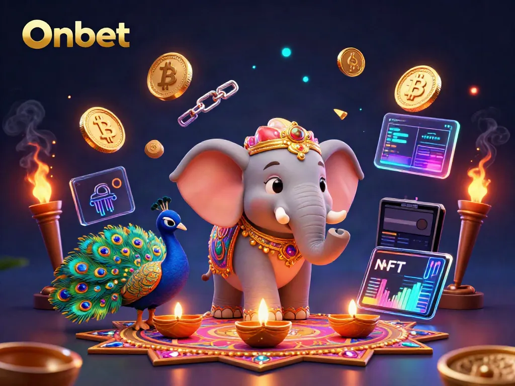 Experience the lively energy of Onbet with a colorful casino-themed scene featuring a Diwali elephant and crypto elements.