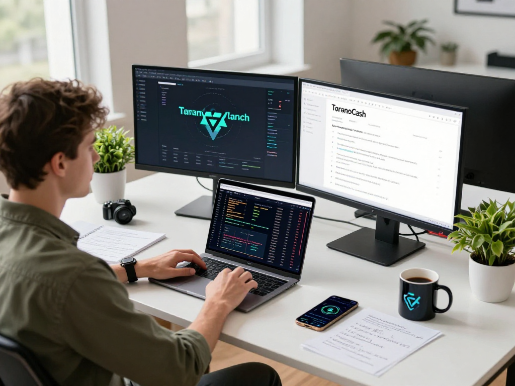 Tornardocash workspace with developer analyzing blockchain technology and Tornado Cash interface in a modern office.