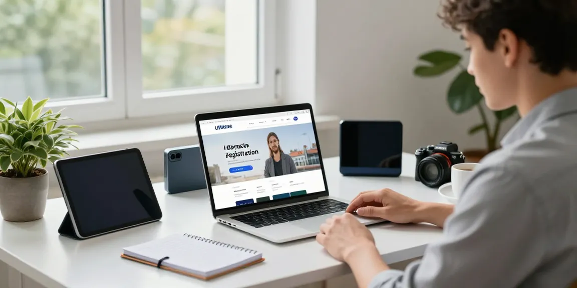 Register .co.uk domain name in a modern UK office setup with entrepreneur focused on laptop work.
