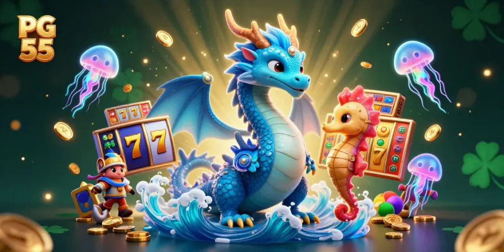 Experience the thrill of PG 55 with vibrant dragons and glowing jellyfish in an energetic casino scene.