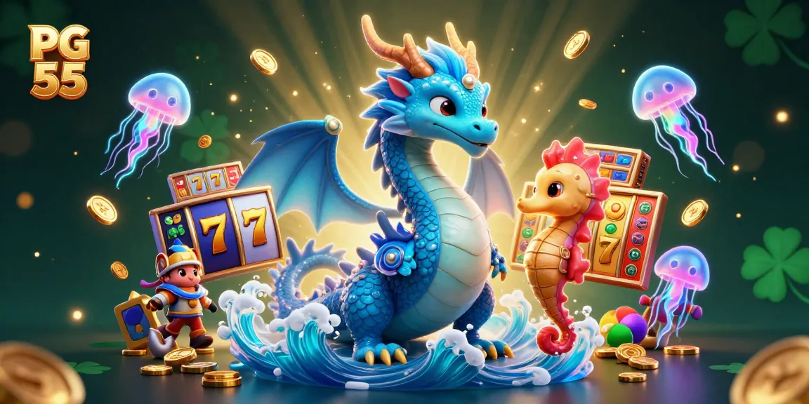 Experience the thrill of PG 55 with vibrant dragons and glowing jellyfish in an energetic casino scene.