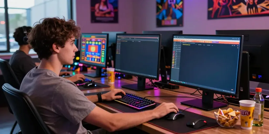Online gaming setup showcasing Link Alternatif Vegas88 experience with vibrant lights and engaging atmosphere.