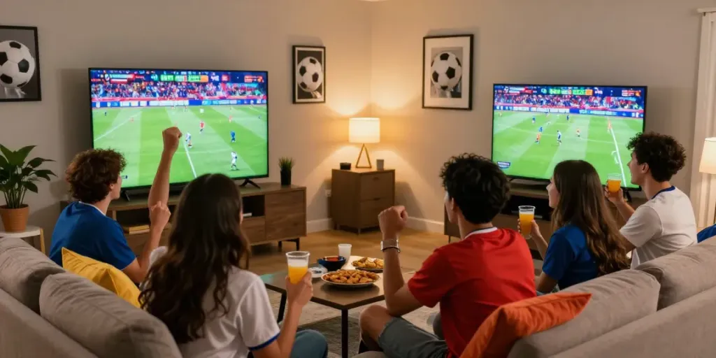 Fans enjoying live football action on tebakskor889.org with snacks and drinks.
