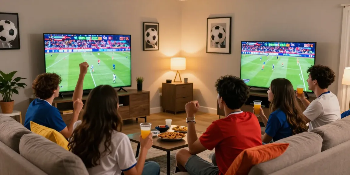 Fans enjoying live football action on tebakskor889.org with snacks and drinks.