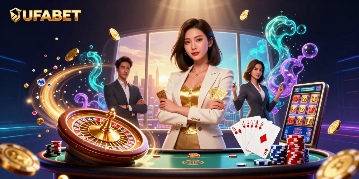 Experience the thrill of UFABET with dynamic casino games featuring poker elements and gold coins.