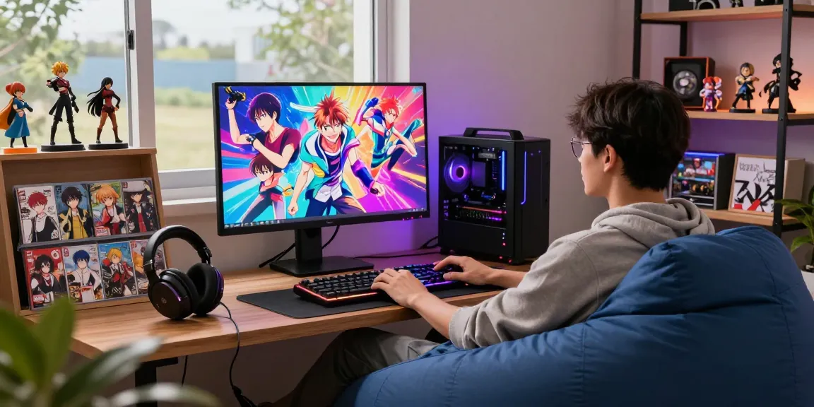 Gamer immersed in ecchi games at home, colorful game scenes on screen, cozy ambiance.