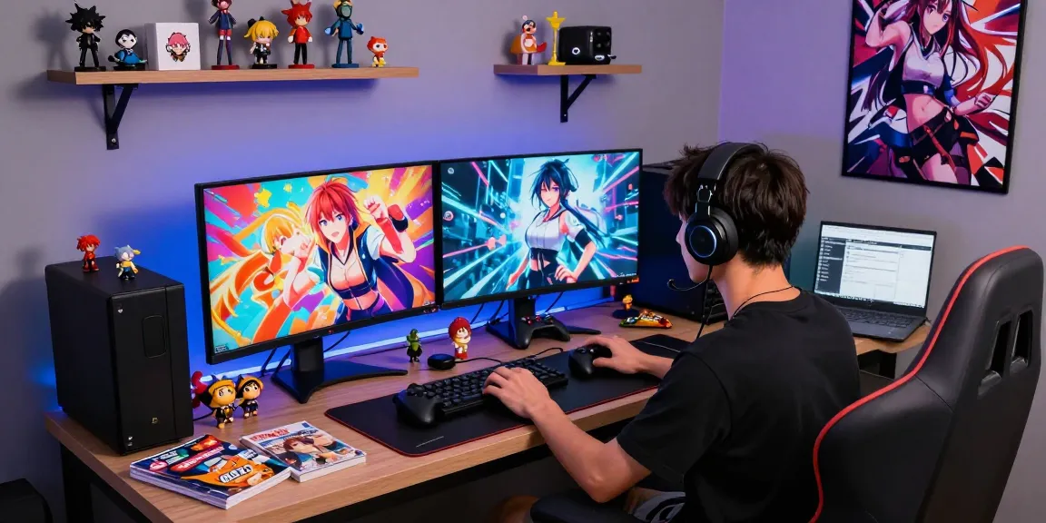 Immersive gaming scene featuring a young adult engaged in hentai game on dual monitors, showcasing anime characters.