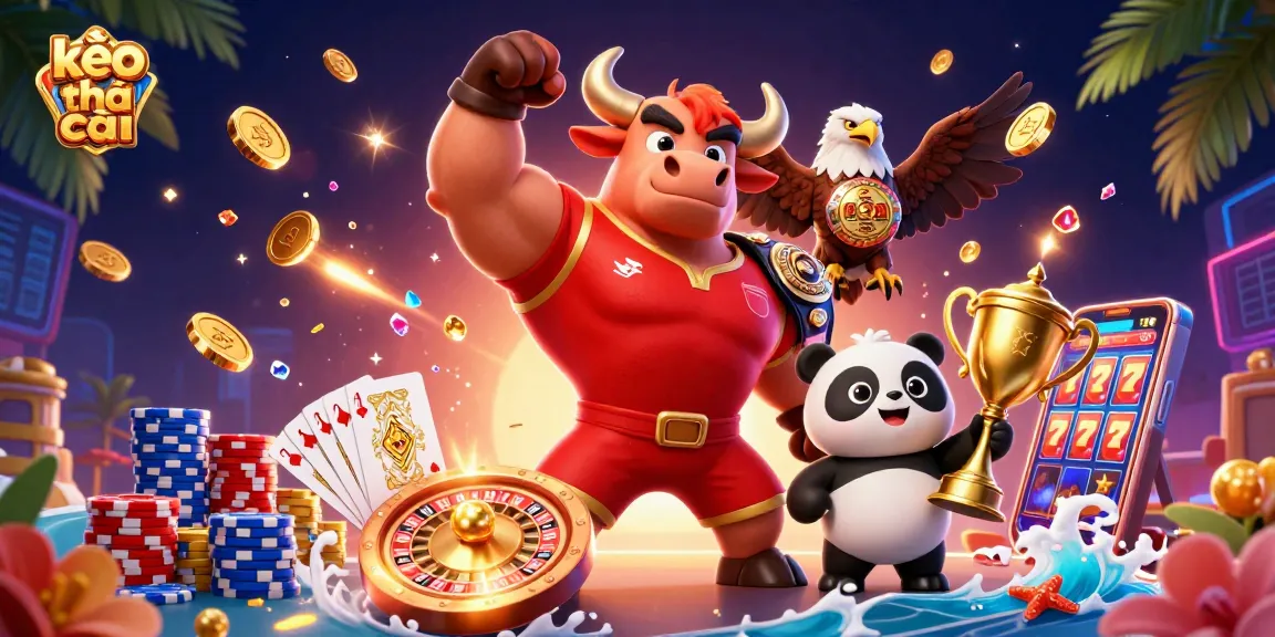 Engage with kèo nhà cái for top betting strategies, featuring mascots and dynamic casino elements.