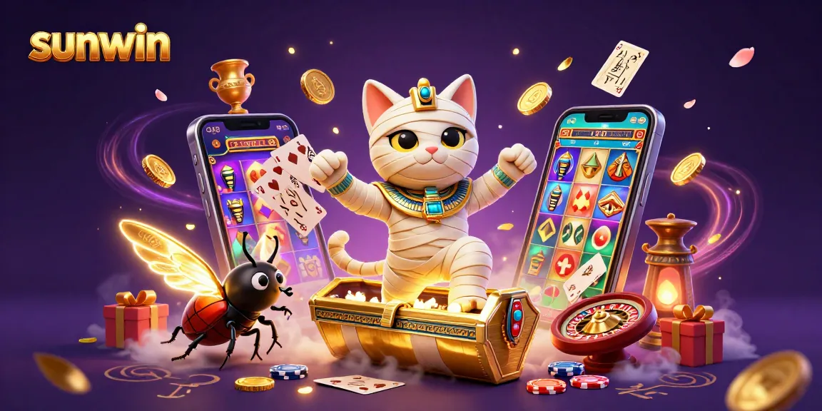 Engage with sunwin's vibrant casino experience, featuring a 3D mummy cat and dynamic slot game elements.