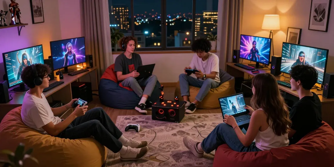 Diverse friends enjoying ecchi AI characters in a cozy gaming space with immersive technology.