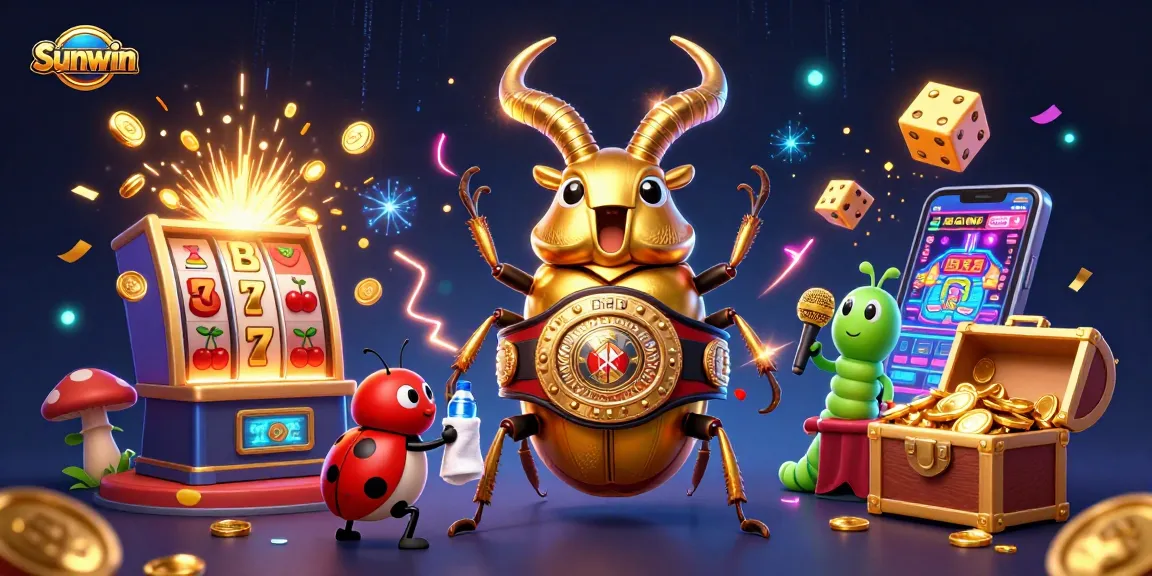 Experience jackpot action at Sunwin with a thrilling golden stag beetle boxing champion and vibrant casino elements.