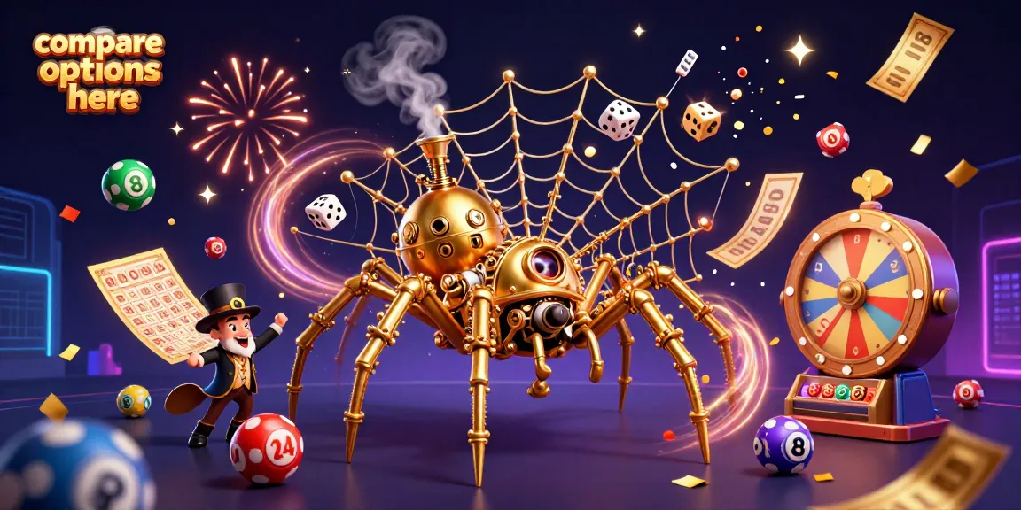 Engaging scene showcasing a steampunk spider and fly amidst vibrant lottery elements while gamblers compare options here.