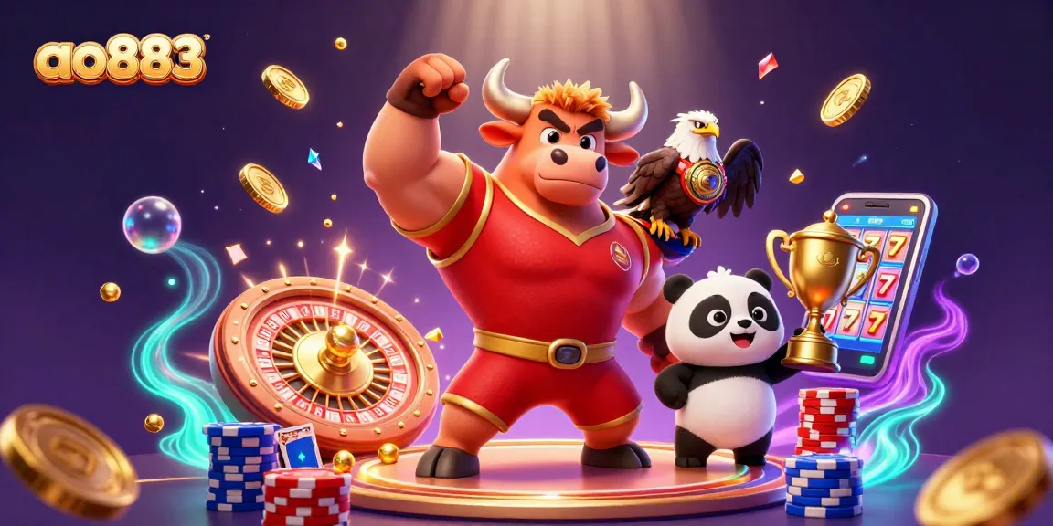 Experience unbeatable fun at ao883 with a muscular mascot and casino action in this vibrant illustration.