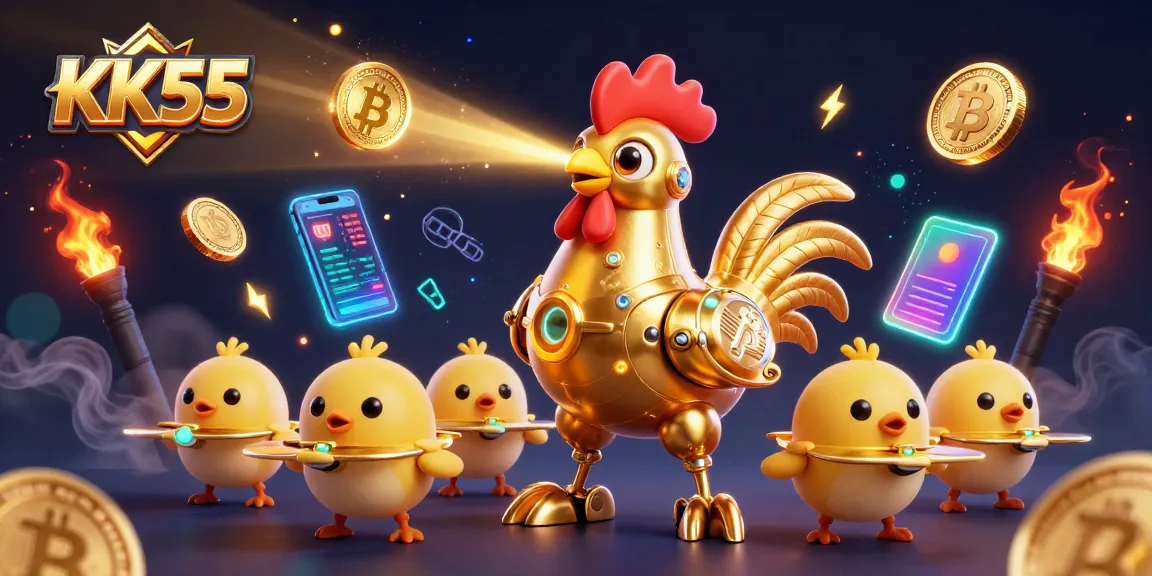 Experience exciting gaming opportunities at KK55 with colorful 3D illustration, showcasing vibrant casino elements.