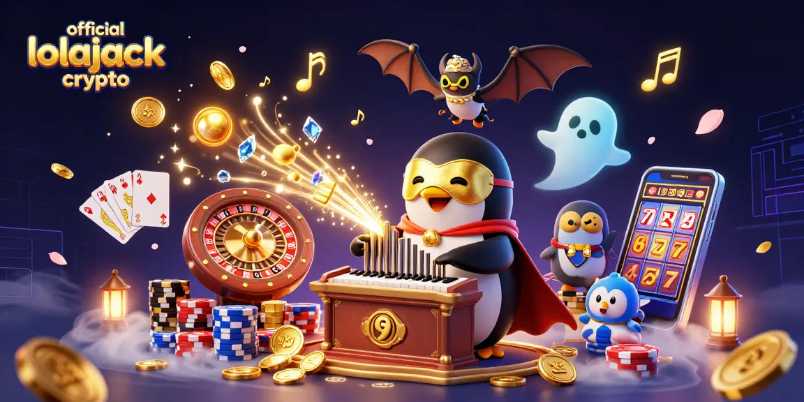 Spin and win with official lolajack crypto as a cartoon penguin plays an organ shooting golden coins.