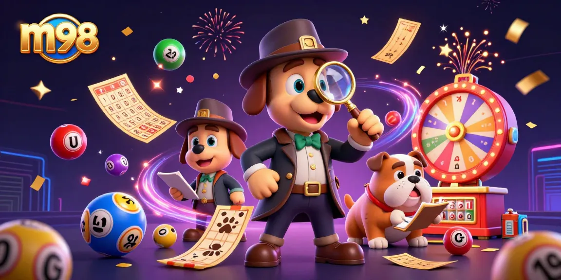 Engage in thrilling gameplay at m98 with colorful lottery elements, animated characters, and a vibrant casino atmosphere.