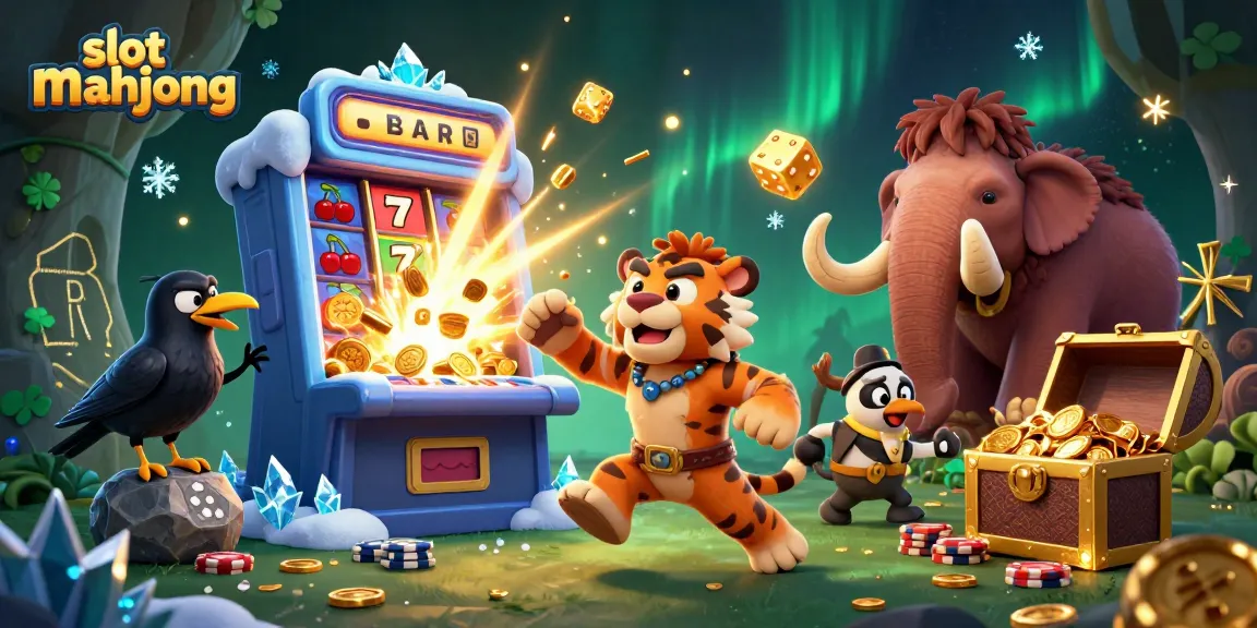 Spin to win at slot mahjong with vibrant visuals of cartoon caveman and 3D slot machines.