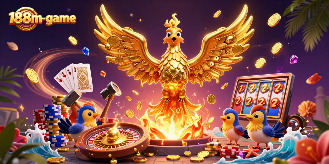 Win big with thrilling 188m-game experience featuring golden phoenix, coins, and casino elements.