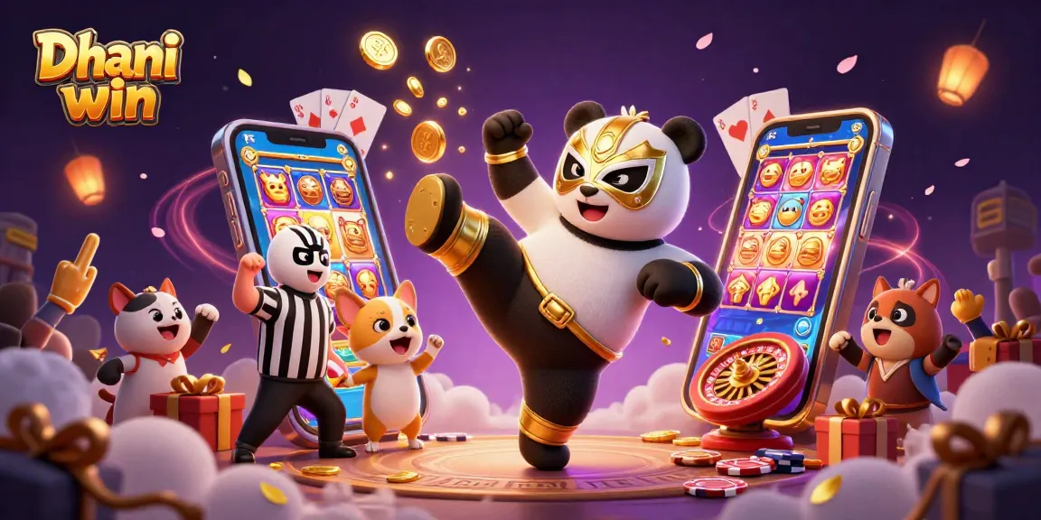 Dhani win offers thrilling gaming as a cartoon panda performs a flying kick, surrounded by slot games and cheering fans.
